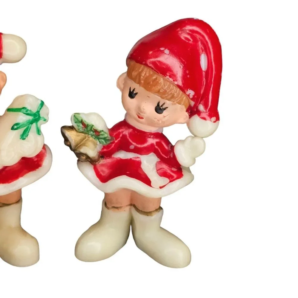 VTG 60s Kitschy Elf Girls Christmas Figurines Miniature Pixie Celluloid Set Of 2